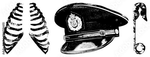 Black and white vector illustrations of police cap with, ribcage anatomy, and safety pin, stylized halftone textures, isolated foreground elements.
