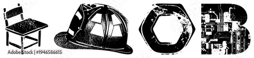 Black and white vector chair with textured seat, firefighter helmet with reflective panels, hexagonal nut with worn edges, and circuit board styled letter B. Isolated, cutout, rgba.
