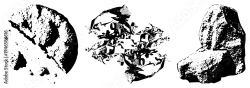 Fragmented rock sculptures in, halftone texture, graphic vector art, geological forms, isolated stone shapes, stylized mineral composition.