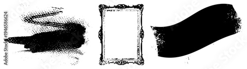 Decorative vintage frame, ink brushstrokes, artistic halftone textures, graphic design elements, isolated vector shapes.