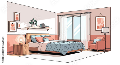 A contemporary bedroom interior showcasing a cozy bed a chic armchair and minimalist decor designed for ultimate comfort and serene relaxation