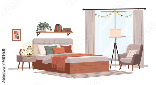 Inviting bedroom scene featuring a comfortable bed, ambient lighting, and charming decorative touches