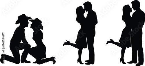 Vector romantic couple silhouette set featuring a cowboy marriage proposal and lovers embracing and kissing for wedding invitations, engagement cards, and Valentine design projects.