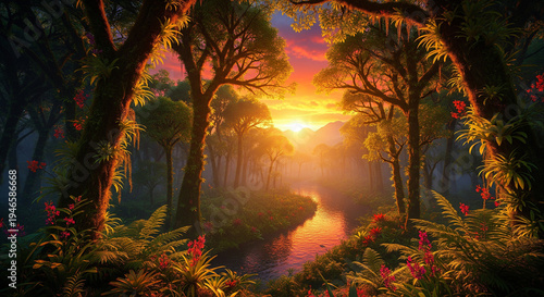 sunset in forest