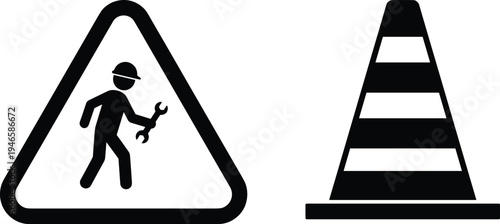 Vector roadwork safety sign silhouette featuring a construction worker with a wrench in a triangle and a striped traffic cone for site warning icons.