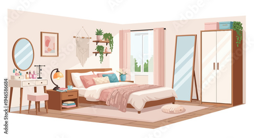 Serene and Stylish Bedroom Retreat with Warm Hues, Botanical Accents, and Thoughtful Furnishings