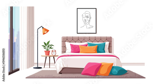 Modern bedroom interior design with vibrant cushions and sleek furniture offers a tranquil retreat for contemporary living spaces and comfortable