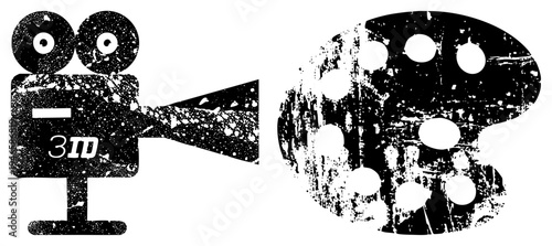 Retro movie camera and film reel symbols, distressed black and white vector, cinematic gear, film production tools, analog, gritty texture design.