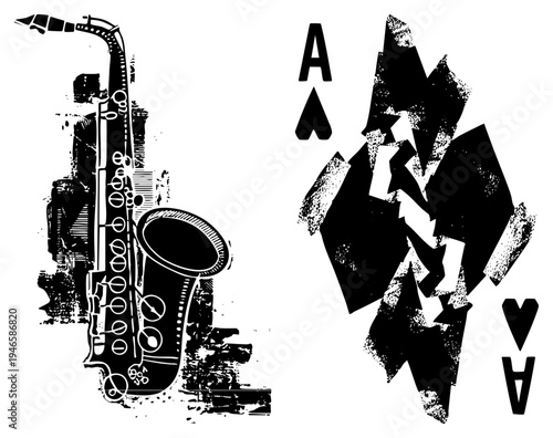 Black and white vector illustration of saxophone with textured shading, paired with fragmented Ace of Spades playing card, graphic art, jazz music symbol, card game, retro design.