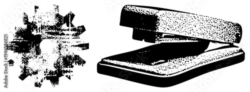 Black and white halftone graphic of a classic stapler beside a stylized gear, mechanical illustration, office equipment, retro industrial design, vector art.