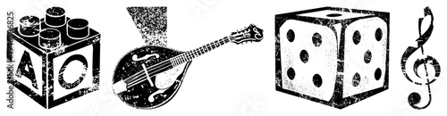 Grungy black vector ABC blocks, mandolin, die, treble clef. Educational, gaming, music symbols with distressed texture.