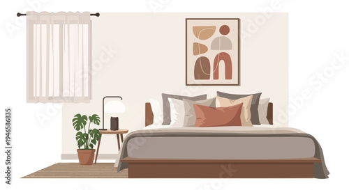 Serene modern bedroom design with cozy neutral decor, abstract art, natural light, and green plant accents