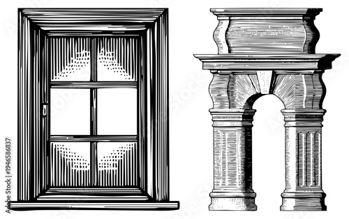 Detailed black and white architectural elements, vintage window pane design, classical arch structure, historic building components, engraved art, heritage facade features.