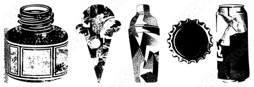 Retro beverage containers rendered in gritty halftone, ink stained textures, distressed graphics, isolated vector, stylized food packaging.