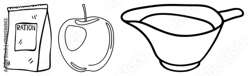 Minimalist drawings of food items labeled ration pack, stylized, and gravy boat. Hand drawn style, isolated vector for design use.