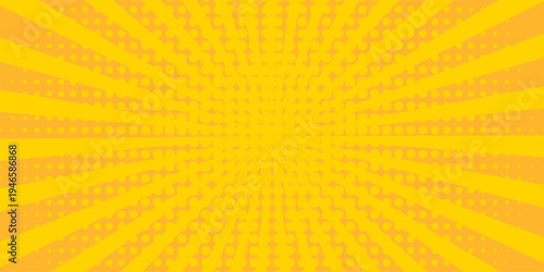 Bright sunbeams background with yellow dots. Abstract background with halftone dots design. Vector illustration.