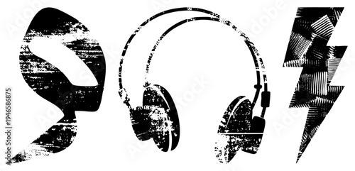 Stylized symbols including headphones, soundwave, and lightning bolt, rendered in gritty black and white with distressed textures, ideal for music or tech themes.