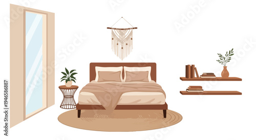 Cozy minimalist bedroom with macrame decor and earthy tones an inviting tranquil retreat