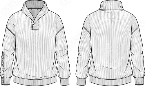 Technical fashion illustration pullover front and back view, high collar ribbed cuffs waistband yoke detail apparel sketch garment design drawing