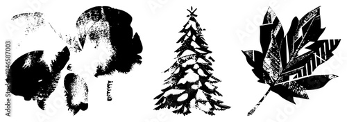 Vector illustrations of foliage, evergreen tree, and abstract botanicals in halftone texture, isolated graphics, nature motifs, graphic design assets.