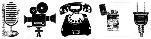 Retro tech mic, camera, phone, lighter, plug in distressed black/white vector style. Classic comm/utility symbols with grunge texture.