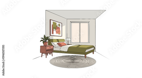 Modern bedroom illustration showcasing an olive green bed, a sleek bedside table with a potted plant, abstract wall art, large window, and a