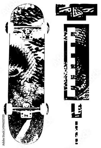 Stylized skateboard deck with worn, splattered texture, paired with matching truck components, urban street culture, vector illustration, black and white stencil art.