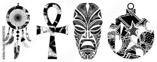 Dreamcatcher, Ankh, tribal mask, ornament symbolic artifacts with detailed geometric and organic motifs, spiritual or decorative use.