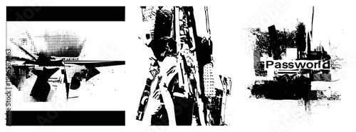 Graphic design featuring halftone firearms, tactical gear, and password with glitch effects, digital security theme, vector art, aesthetic.