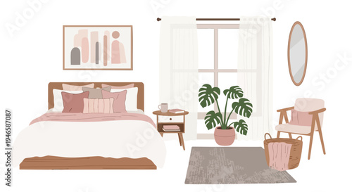 Modern tranquil bedroom with soft pink details a comfortable bed a potted monstera plant a cozy armchair and window light offering a serene domestic