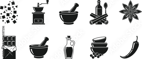 spices and cooking ingredients icon set, mortar pestle cinnamon olive oil chili chocolate kitchen seasoning vector illustration collection