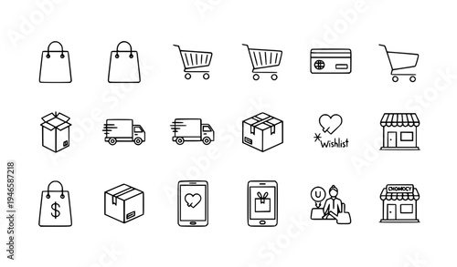 Online Shopping Outline Icon Pack Bag Cart Trolley E Commerce Vector