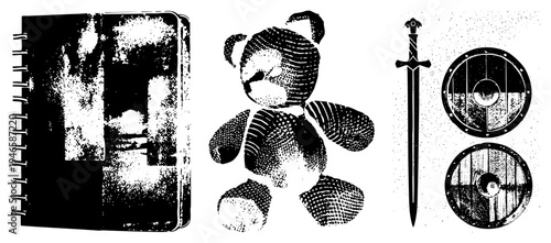 Black and white halftone vector set featuring teddy bear, sword, shields, and notebook. Retro graphic style, isolated for design projects.
