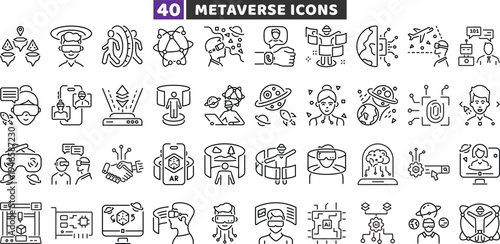 Metaverse and virtual reality line icon set. Vector outline VR, AR, and futuristic AI tech symbols.