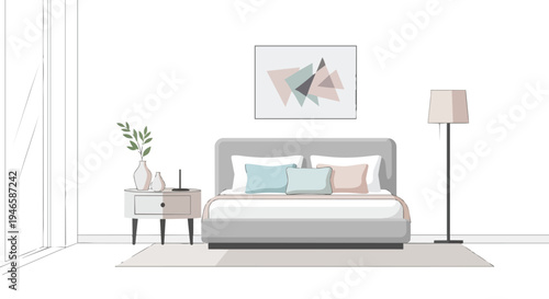 Modern minimalist bedroom interior design illustration with soft pastel accents and simple furnishings