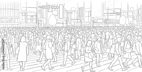 A multitude of people cross a busy urban street in a black and white sketch