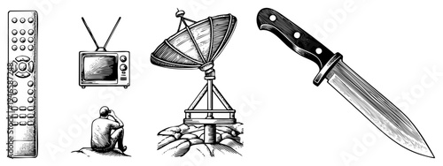 Retro remote control, old TV set, satellite dish on rocky terrain, and combat knife. Nostalgic tech, isolated vector graphics, vintage and survival gear.