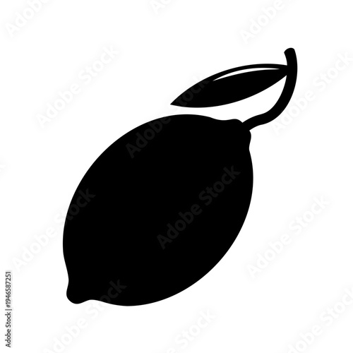Black and White Illustration of a Lemon with a Leaf, Simple Design