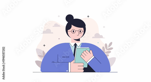 A person in a blue suit and glasses holds a book