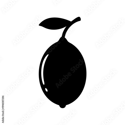 Black silhouette of a lemon fruit with a leaf on a white background