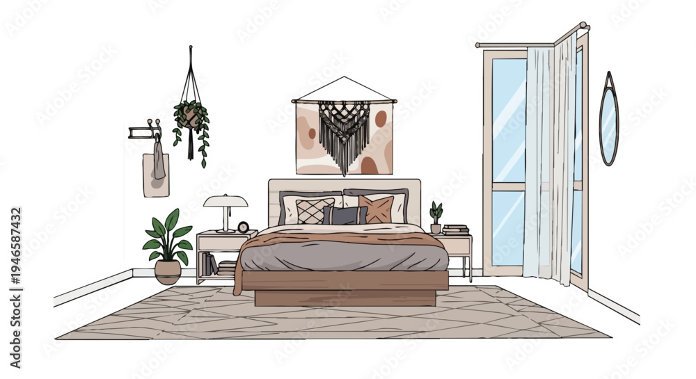 Fototapeta premium Serene boho bedroom interior design sketch featuring natural decor and comfortable living space