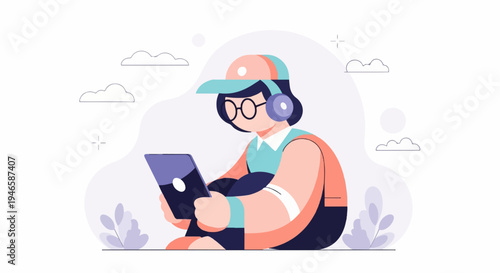 A person in a cap and headphones uses a tablet while sitting