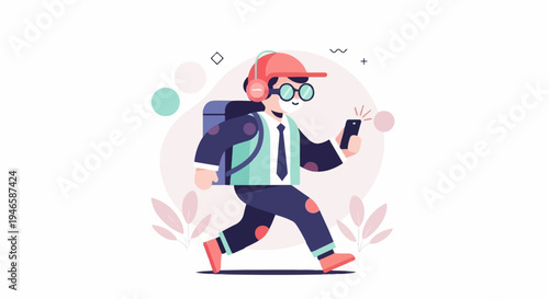 A person in a cap and headphones walks with a backpack and phone