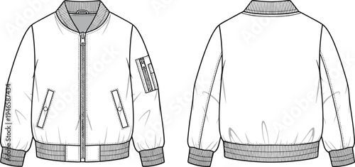 Technical fashion sketch, bomber jacket front and back view, zipper closure, flap pockets, ribbed cuffs and waistband, utility sleeve pocket
