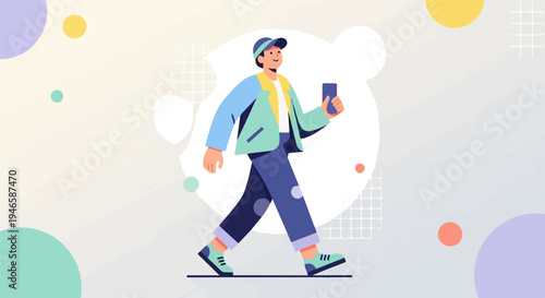 A person in a cap and jacket walks with a phone in hand