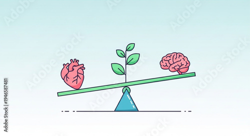 Balance between heart and brain with a growing plant in the middle.