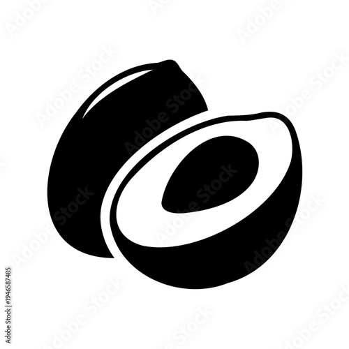 Graphic depiction of a whole and halved coconut in black and white