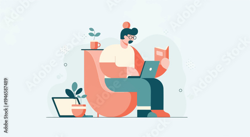 A person in a chair works on a laptop and reads a book