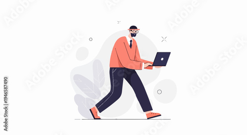 A person in a coral sweater walks with a laptop