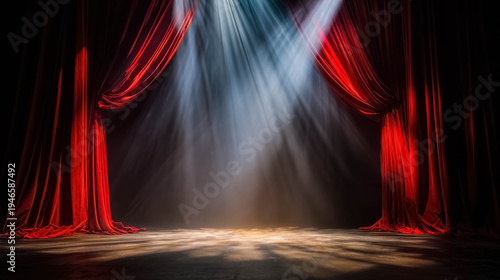 Red theater curtains opening with dramatic stage lighting